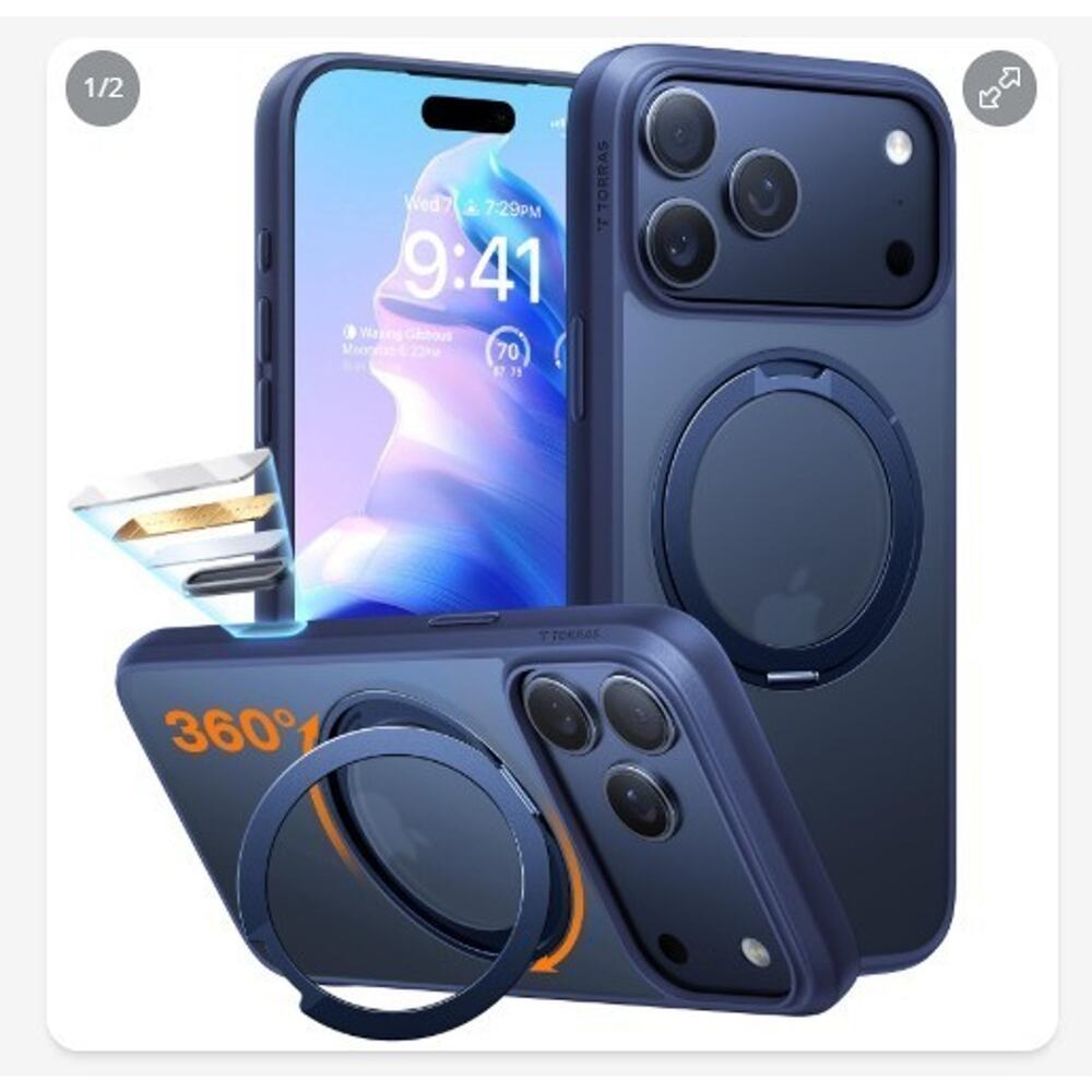 TORRAS Upgrade 360 Magnetic Stand iPhone 17 PRO Case Translucent Back, Deep Blue